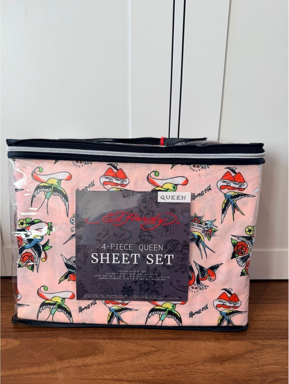 Ed Hardy 4-Piece Queen Sheet Set Pink Tattoo Print